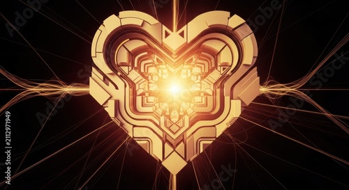 Abstract Golden Heart Shape with Intricate Geometric Patterns and Light Rays on Black Background