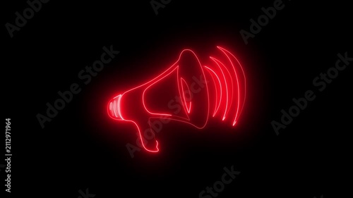 Abstract glowing red neon hand speaker icon with sound wave animation. Neon megaphone icon blue pink color animation black background.