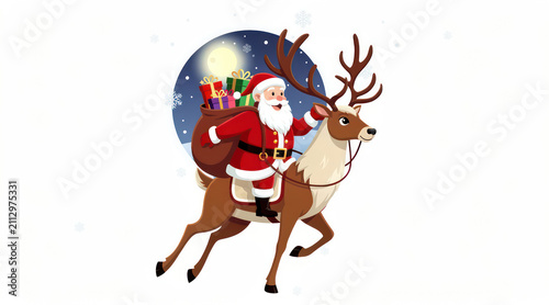 Santa Claus riding reindeer on Christmas.
