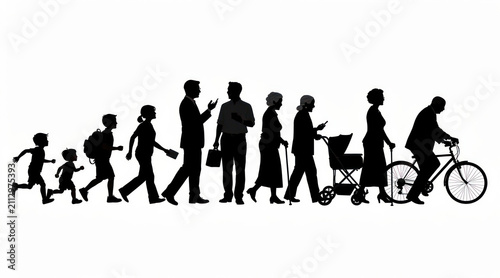 Silhouettes of people walking in line.