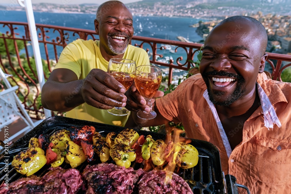 Fototapeta premium Two men laughing and clinking glasses over a sizzling barbecue on a balcony, featuring charred vegetables and a scenic coastal bay for family lifestyle visuals