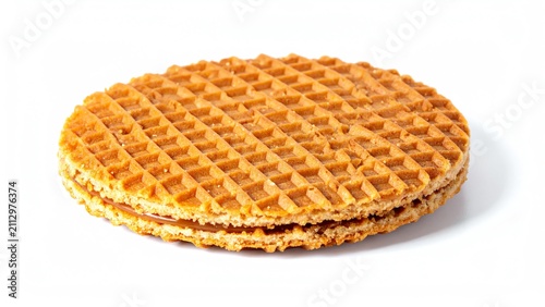 Traditional dutch stroopwafel with caramel filling on white background