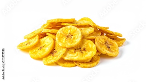 Delicious crunchy sweet banana chips pile isolated on a crisp clean white background