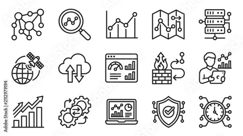 Industrial Black and White Line Icons Set Featuring Data Analytics Networking Security and Business Concepts