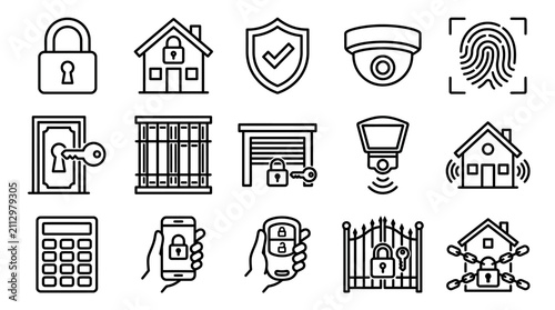 Bild auf Leinwand Industrial Black and White Line Icons Set Featuring Home Security Surveillance a