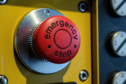 Red emergency stop button on yellow panel. Safety equipment detail. Machine control system  risk prevention concept. Industrial engineering environment.