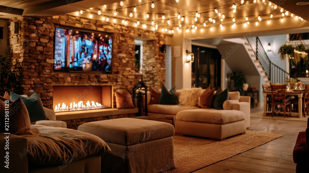 Obraz premium Spacious modern basement living area with glowing string lights and a linear fireplace set in a stone wall for interior design and lifestyle concepts