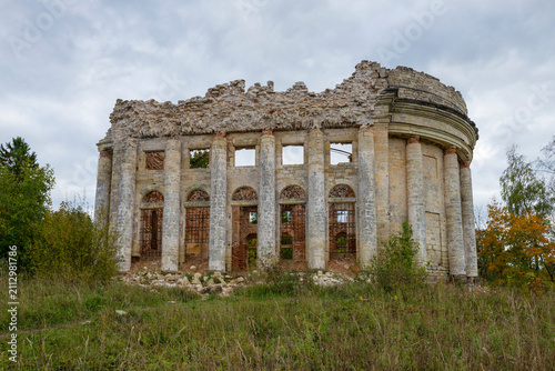 The ruins of the ancient Church of the Life-Giving Trinity (1827-1831) on a cloudy September day. Leningrad Oblast, Russia