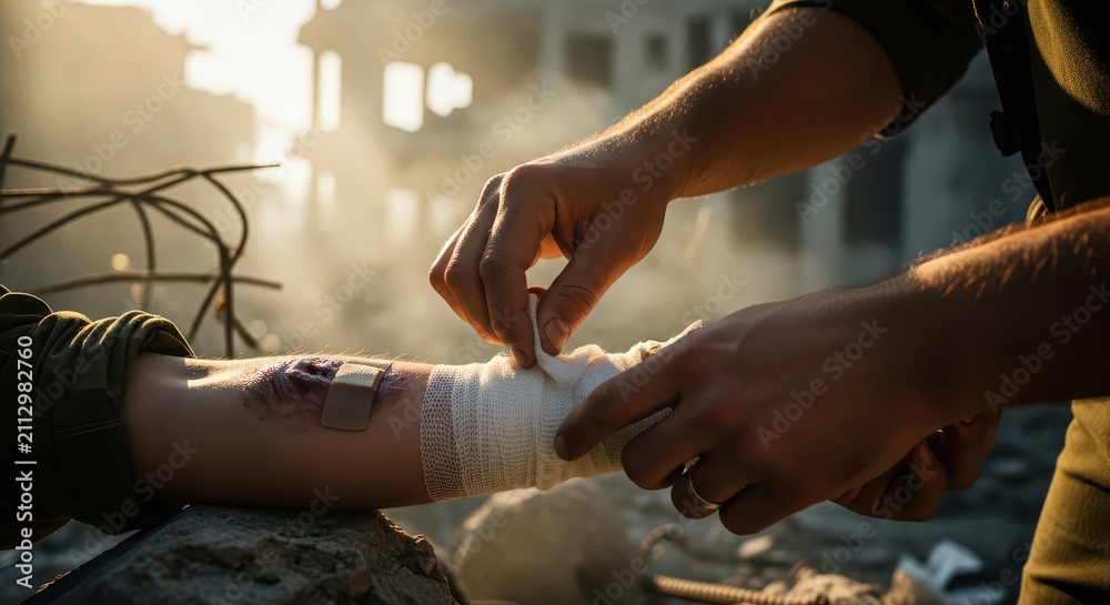 Obraz premium Aid worker applying bandage to injured arm of person in a war-torn, damaged urban environment during sunset