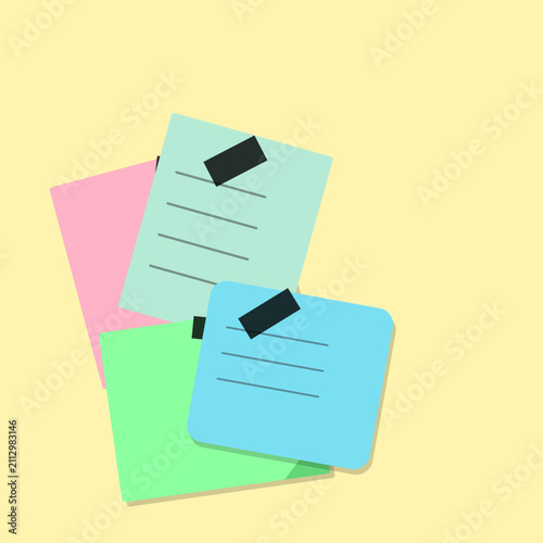 Set of layered colorful sticky notes with adhesive tape on yellow background reminder stationery communication