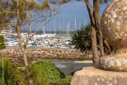 Fotografie Marina with Sailing Yachts Viewed Through Coastal Trees in Cascais, Portugal