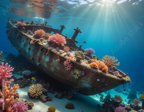 historic shipwreck transformed into a flourishing coral reef. colorful corals, tropical fish, and sunbeams create a thriving marine ecosystem