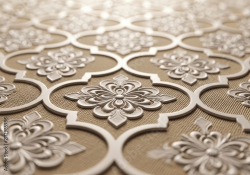 Intricate embossed floral pattern on a textured background, creating a luxurious and elegant decorative surface