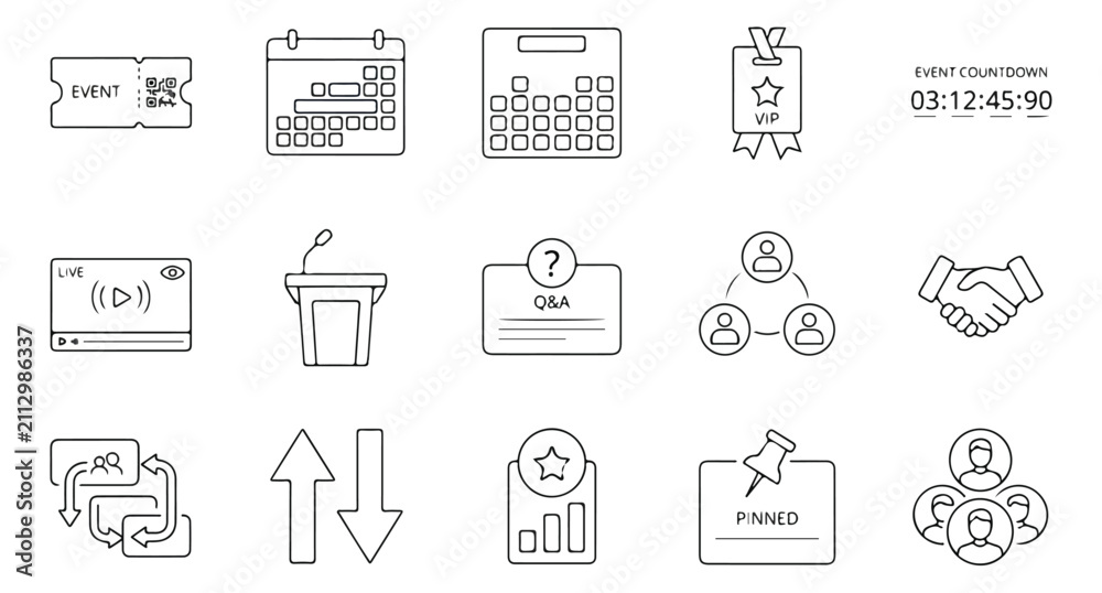 Fototapeta premium Minimalist event management line icons, set of 15 professional conference and seminar vector symbols, business meeting and networking outline graphics