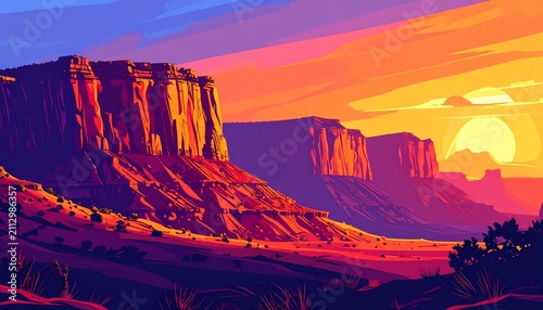 Vibrant Sunset Over Layered Canyon Mesas.