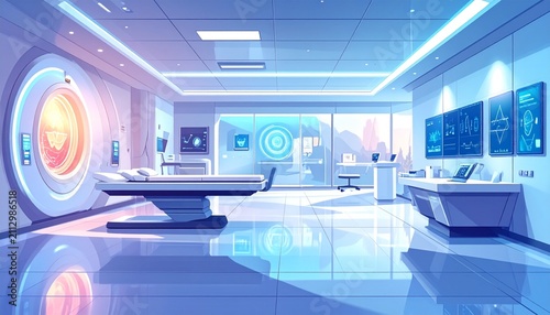Modern futuristic office interior with holographic display and workstations.