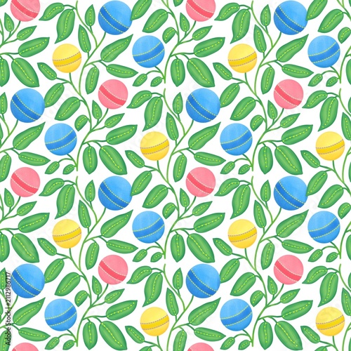 Colorful ball fruits and green leaves seamless pattern digital background illustration