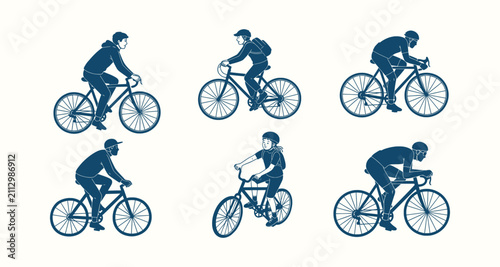 Foto Collection of diverse people riding bicycles in a blue monochromatic flat vector