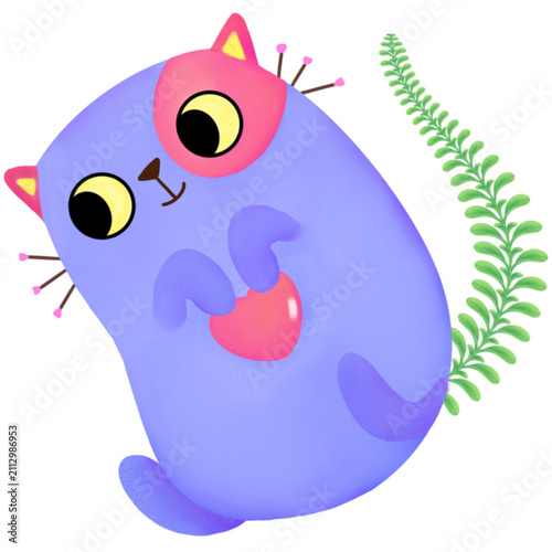 Cute purple cat holding pink heart with fern tail isolated digital illustration