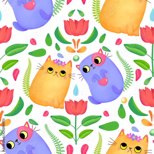 Cute cats and red flowers seamless pattern digital background illustration