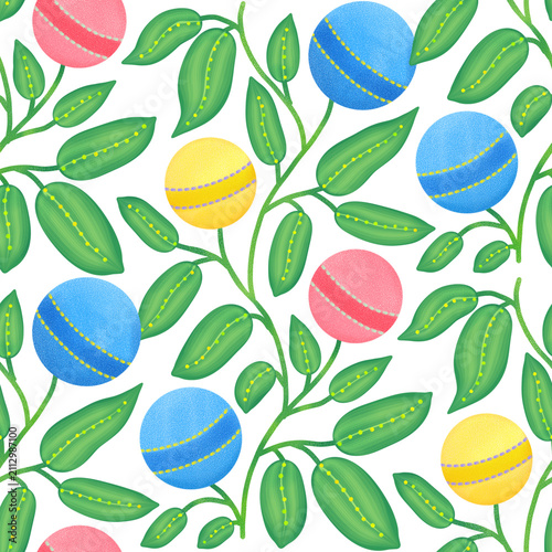 Colorful ball fruits and green leaves seamless pattern digital background illustration