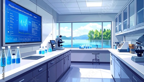 Modern office interior with glass walls and city view seating area.