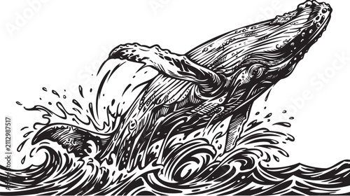 Photography Monochrome whale illustration, vintage engraving style ocean animal jumping from
