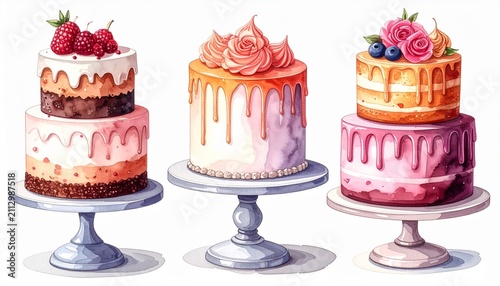 Three tiered cupcake stands with colorful frosted desserts.