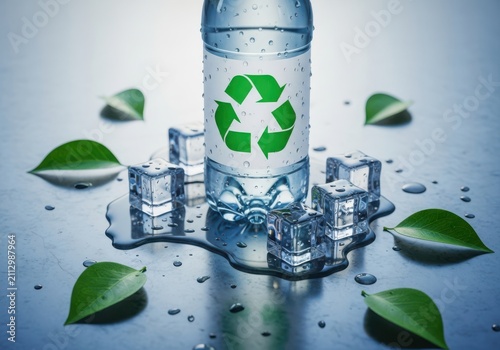 A bottle of water with a recycling symbol, surrounded by ice cubes, water droplets, and green leaves