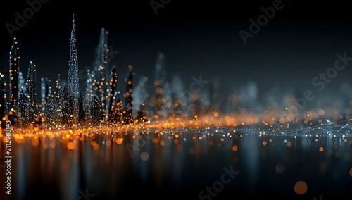 Abstract futuristic cityscape with glowing orange and blue lights reflected on water surface