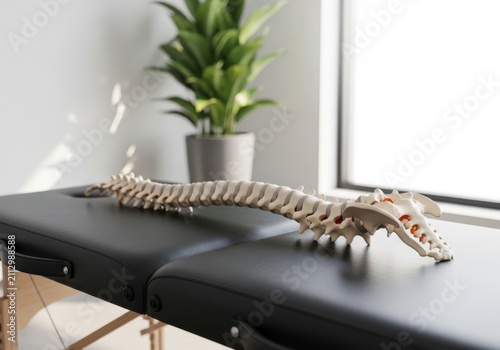 A human spine model resting on a black massage table in a bright room with a plant and window