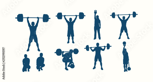 Принти на полотні Weightlifting Fitness Silhouettes Collection of Athletes Training with Barbells