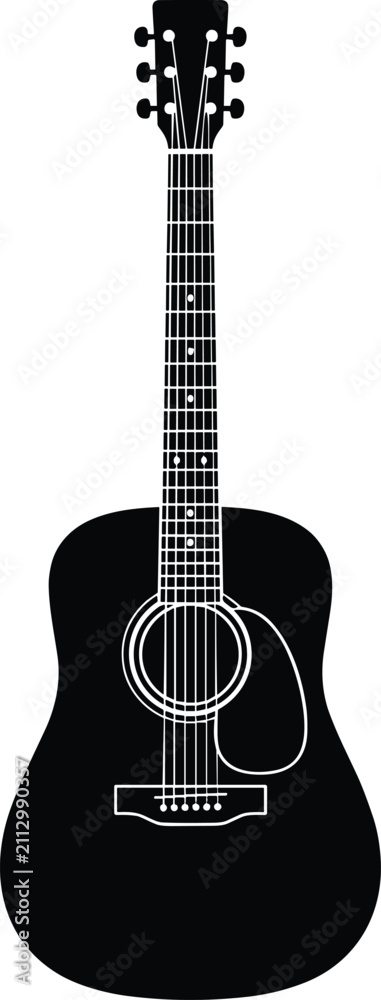 Obraz premium Detailed black silhouette of a classic acoustic guitar isolated on a white background