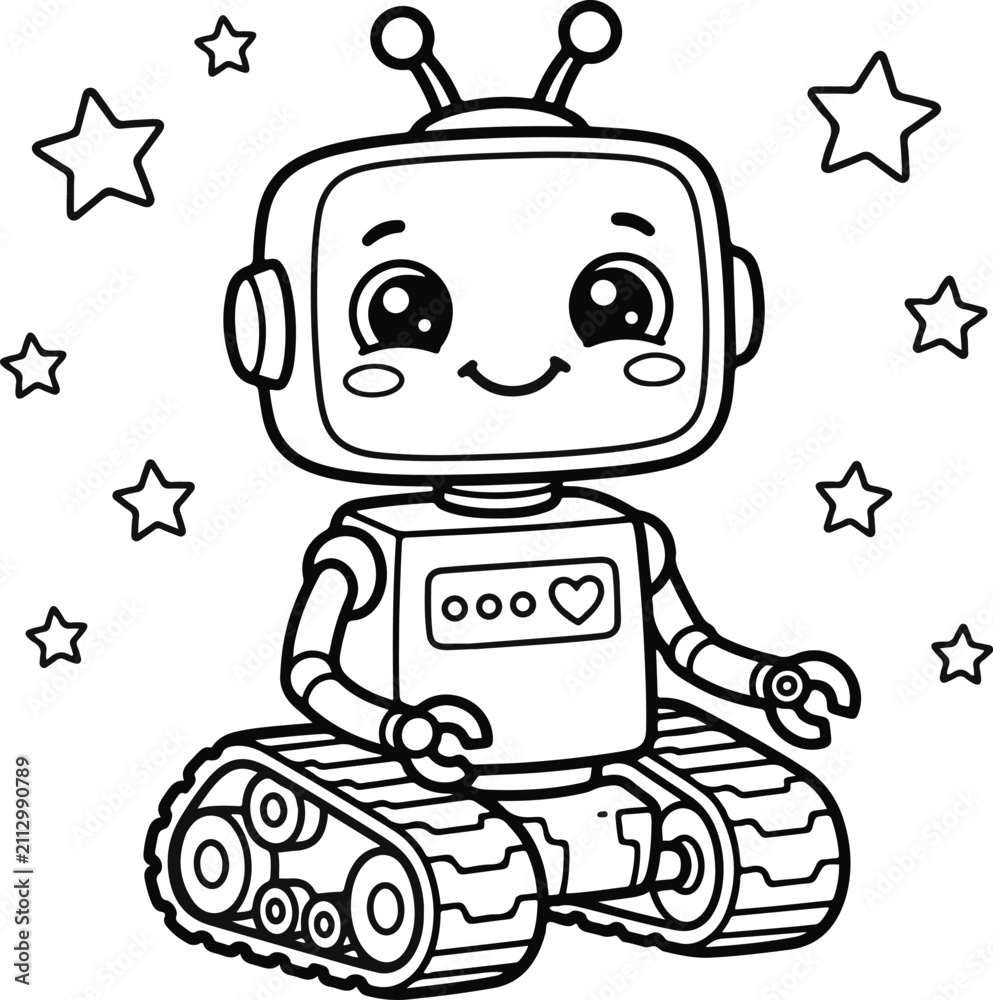Naklejka premium Cute cartoon robot with tank treads and stars for children coloring page illustration in black and white