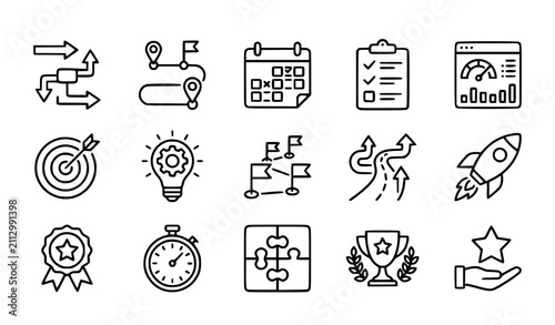 Workflow and business roadmap line icons with process planning execution milestones and performance strategy vector set