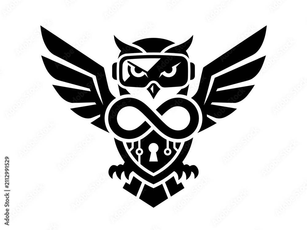 Fototapeta premium Cybersecurity wise owl with infinity symbol and padlock security infinity