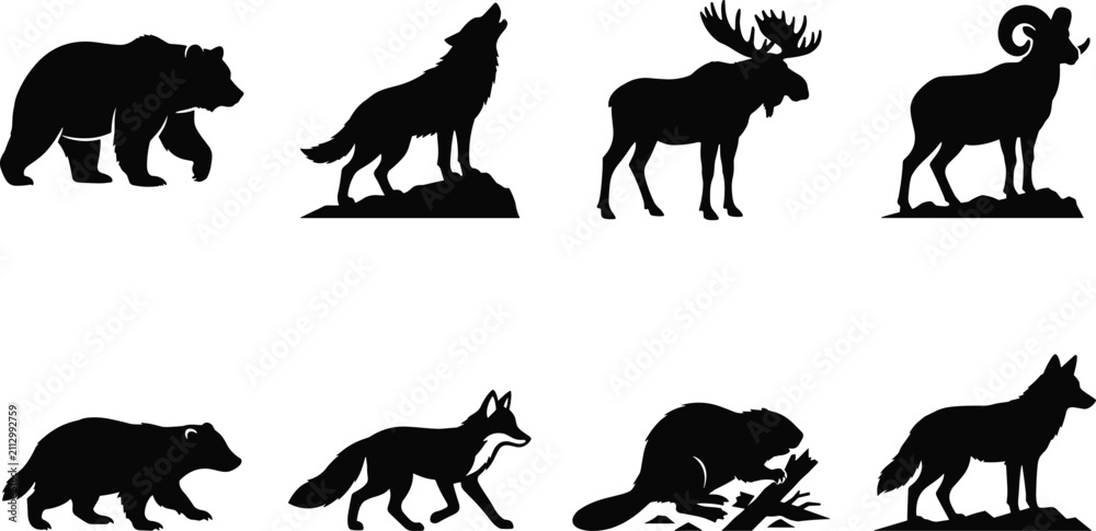 Obraz premium Set of North American forest animal silhouettes including bear, wolf, moose, and wild creatures
