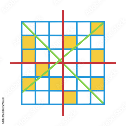Symmetrical round-robin tournament bracket grid with clean monoline shapes and solid colors, isolated on pure white. Competition planning concept
