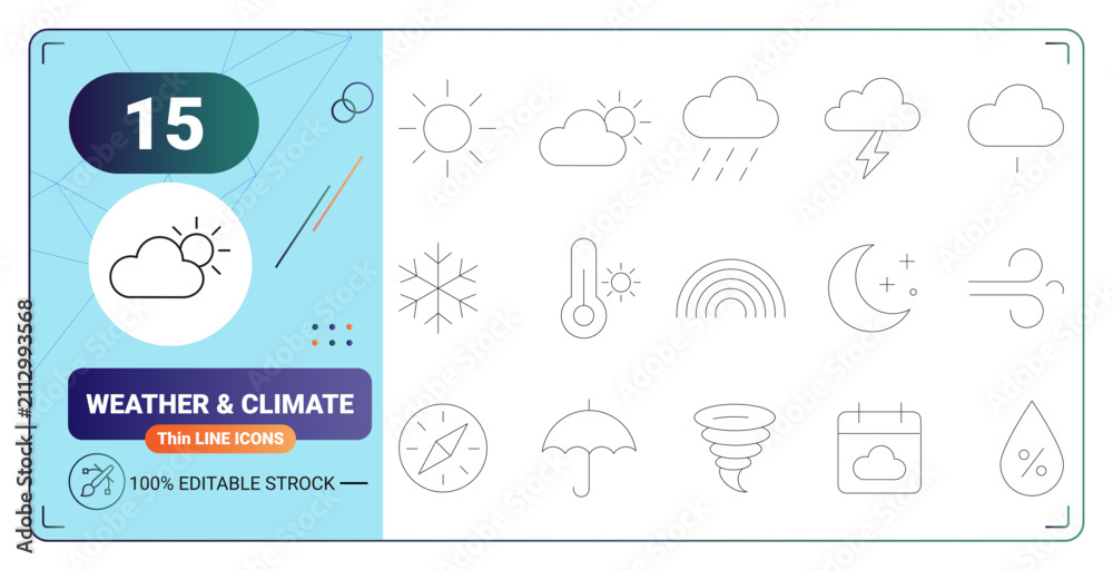 Obraz premium Weather and Climate thin line icon sets with sun cloud rain storm wind and forecast symbols