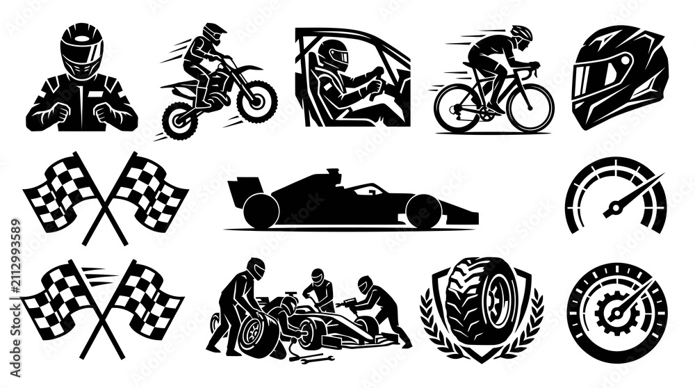 Fototapeta premium Racing and Motorsport Vector Icon Set
