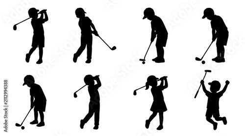 Set of silhouettes of children playing golf, active kids swinging clubs and putting, sports recreation, leisure activities, youth athletic