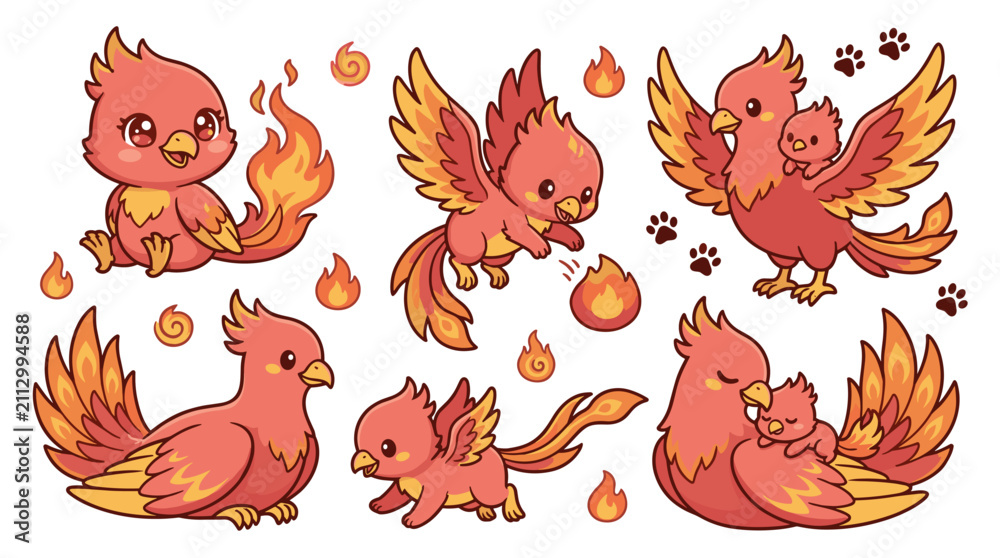 Obraz premium Set of fire phoenix birds in different poses, mythology creature collection, red and orange flame texture, fantasy elements for game design