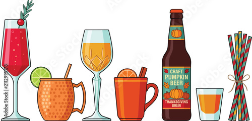 Fotografía Thanksgiving Holiday Alcoholic Drinks and Cocktails Vector Icon Set with Pumpkin