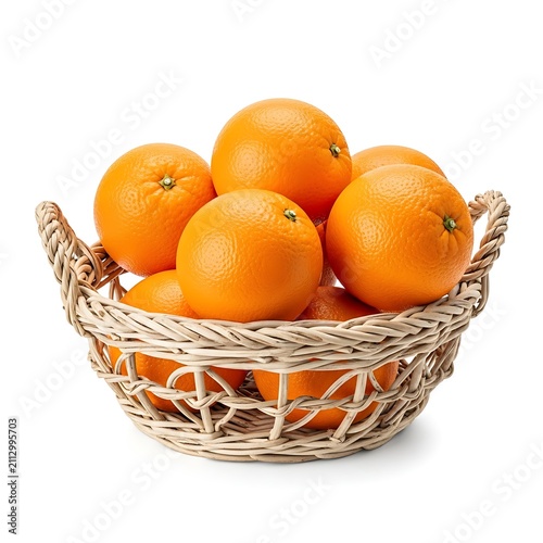 Fresh oranges nestled in a rustic woven basket
