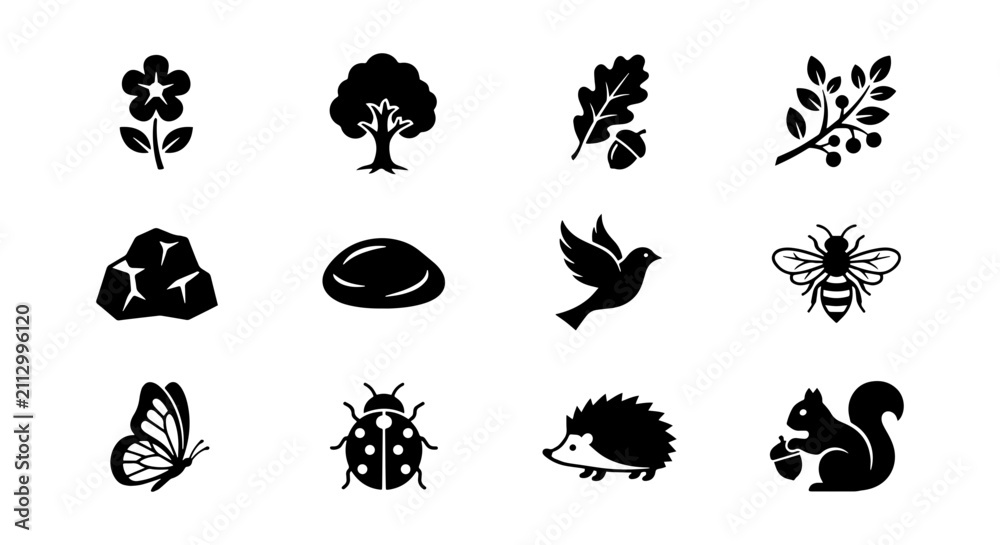 Obraz premium Nature Icons Set: Organic Elements, Wildlife, Flora, Fauna, Woodland Creatures, Vector Graphics