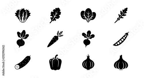 Konstfotografi Black and White Vegetable Icons Set, Healthy Food Graphics, Fresh Produce Vector