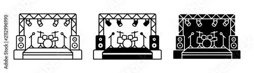 Concert Stage Icons, Music Performance Setup, Live Show Equipment, Drum Kit and Microphones, Vector Graphics