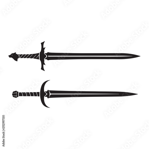 Quadro su tela Medieval sword silhouette vector set, fantasy longsword and claymore icons, blac