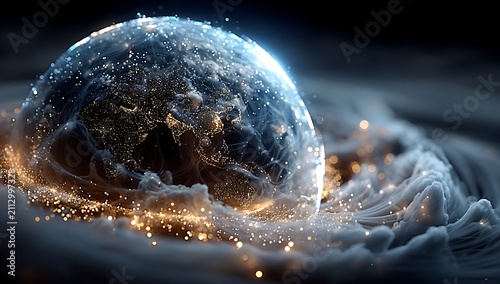 Glowing earth encased in a swirling nebula of light particles and smoke effects