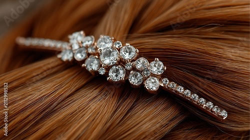 Ornate rose gold hair clip adorned with sparkling diamonds on brown hair accessory
